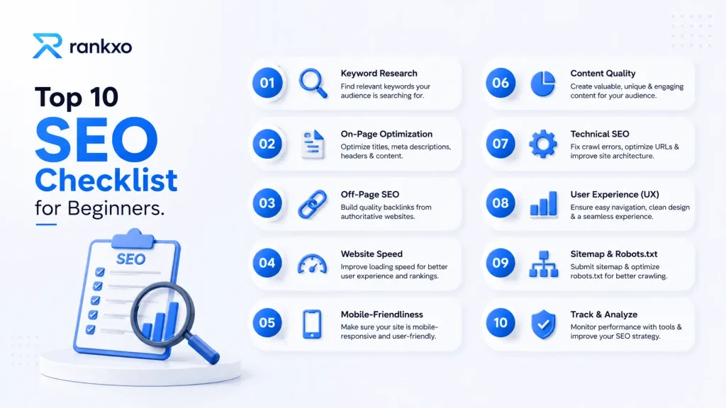 Ultimate SEO Checklist for Beginners to Rank Higher on Google. RankXO