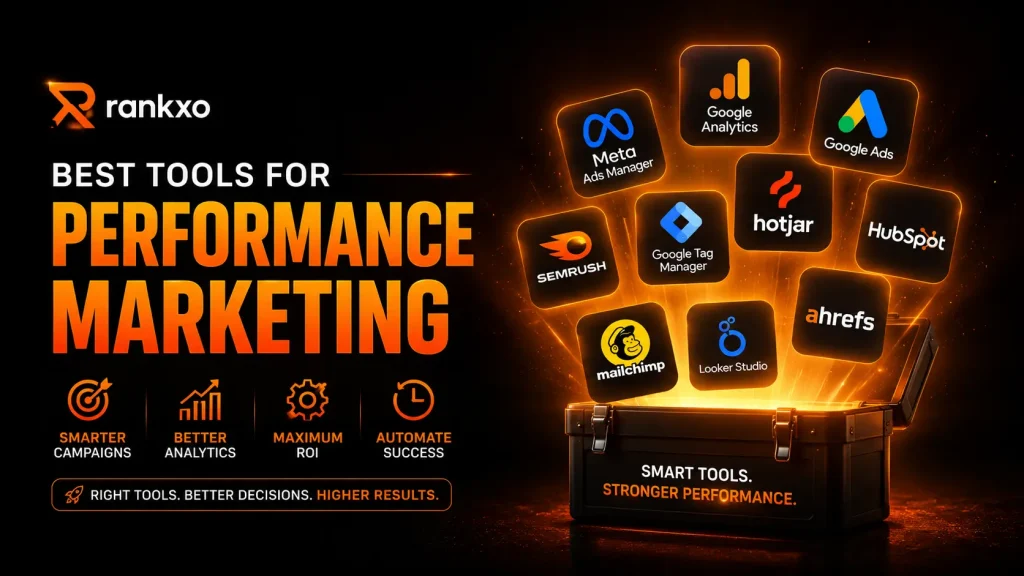 Professional Performance Marketing illustration showing digital marketing channels, targeting strategy, and ROI-focused advertising with RankXO branding