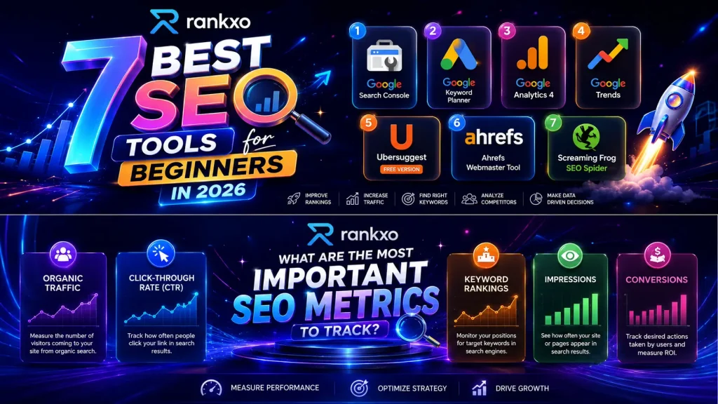 Professional workspace displaying free SEO tools for beginners in 2026, helping website owners optimize content, track rankings, and increase organic traffic.