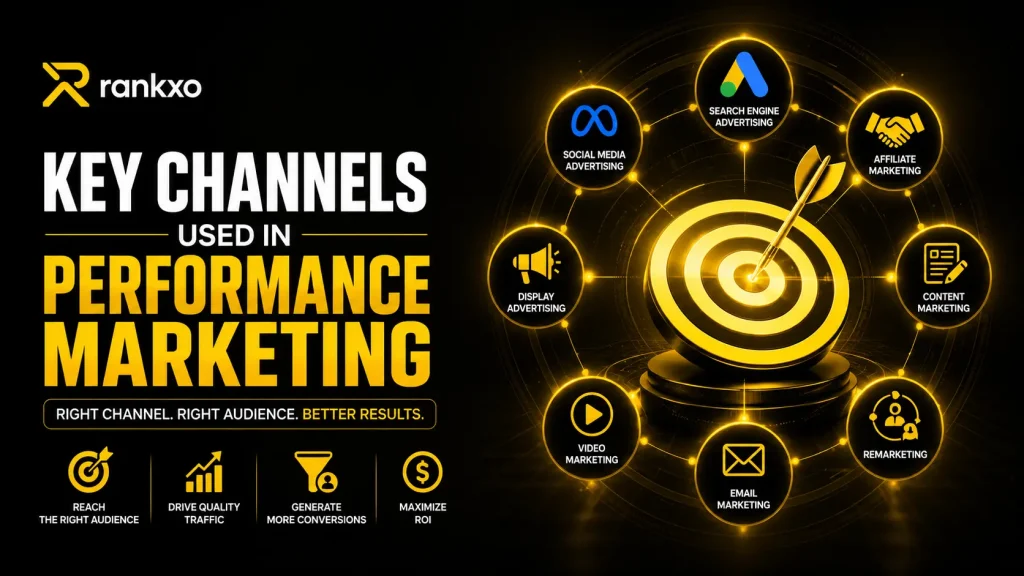Key channels used in Performance Marketing featuring search ads, social media, affiliate marketing, email marketing, and the RankXO logo